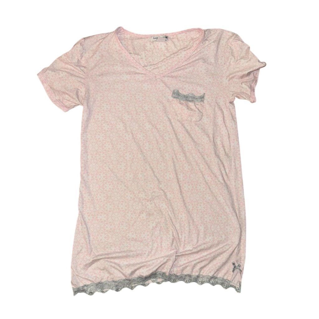 Sag Harbor Womens Pink V-Neck Nightshirt With Lace Trim Size L